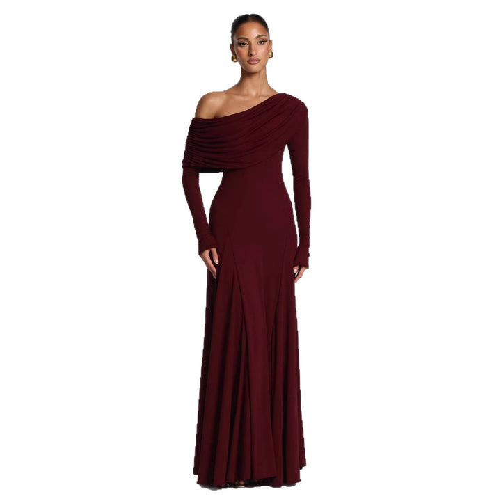 Women Elegant Long Sleeve Maxi Dress with Asymmetrical Draping Detail Lune London
