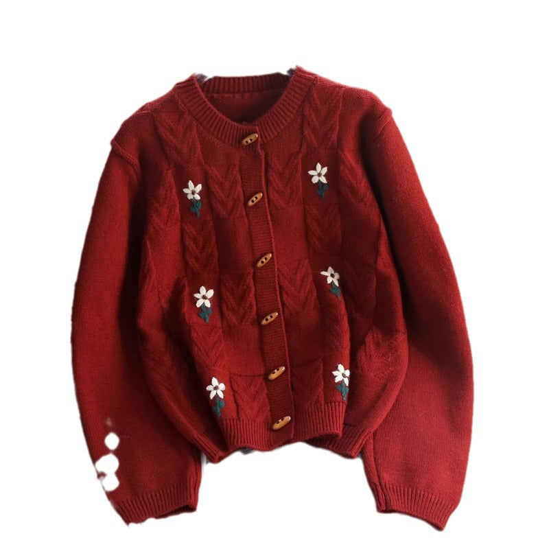 Knit jacket for women with floral cable pattern and wooden buttons Lune London