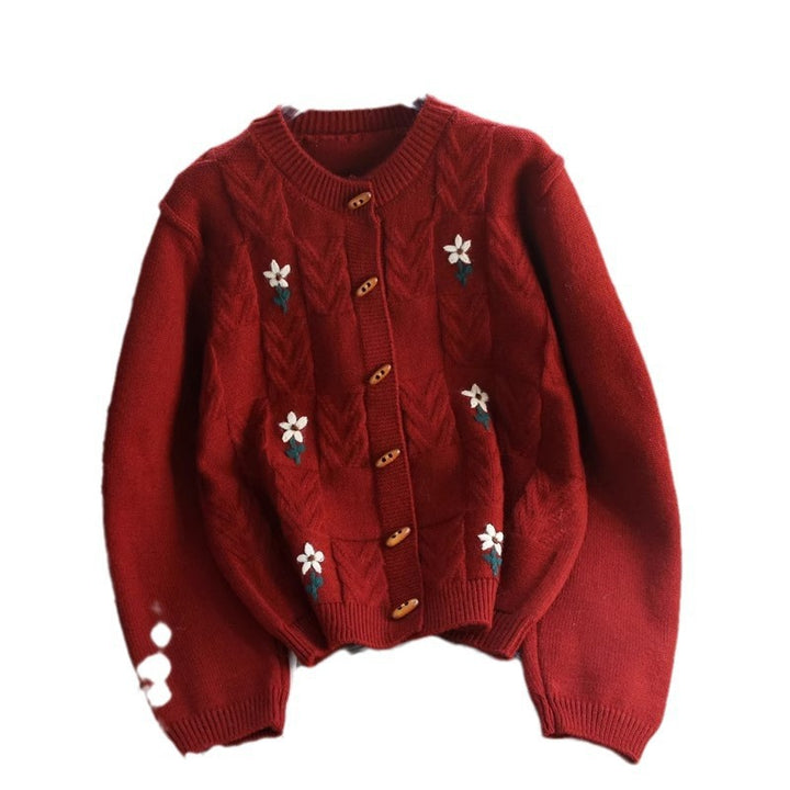 Knit jacket for women with floral cable pattern and wooden buttons Lune London