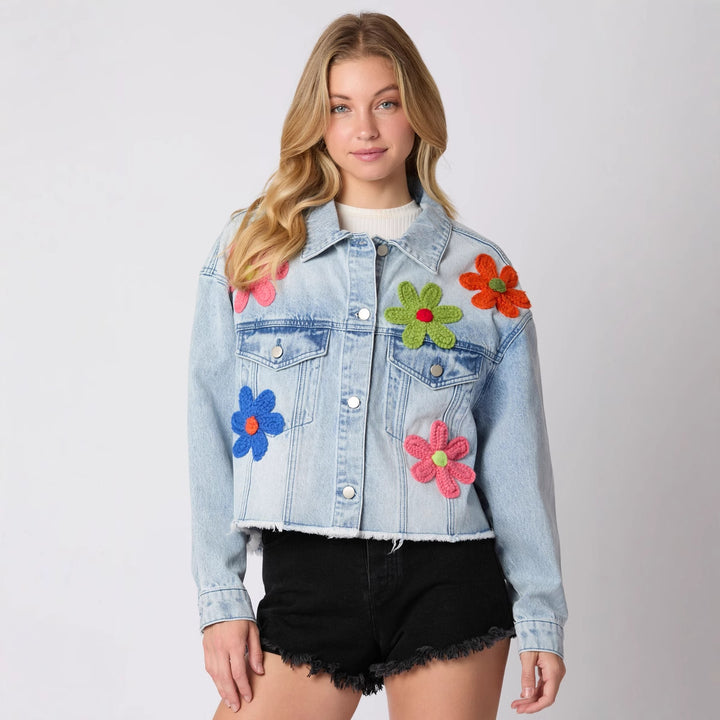 Trendy denim jacket for women with colorful football prints Lune London