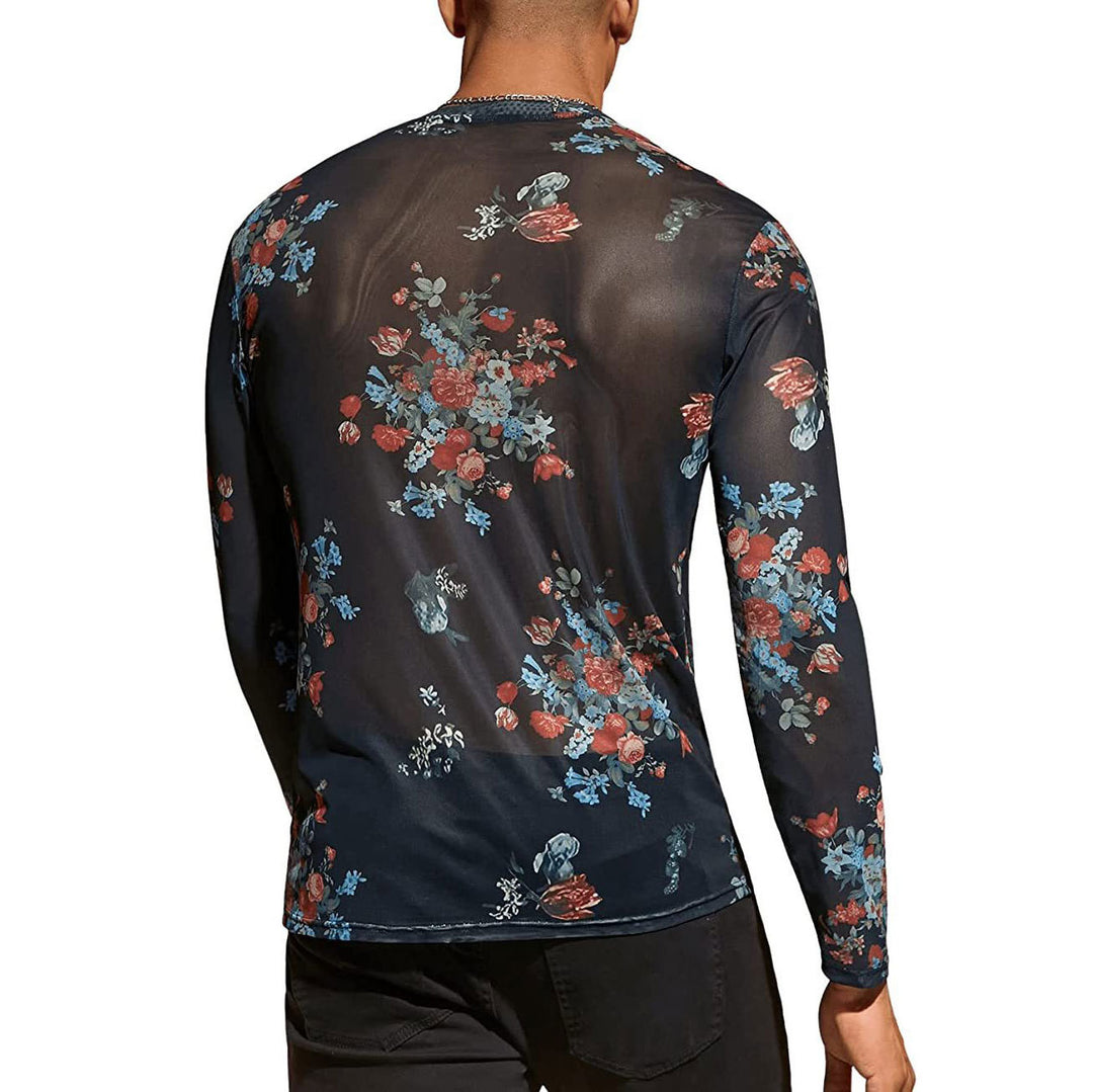 Men Long Sleeve T-shirt with Floral Pattern and Sheer Fabric Lune London