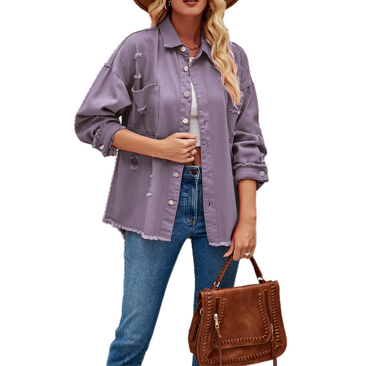 Oversized denim jacket for women with distressing effects