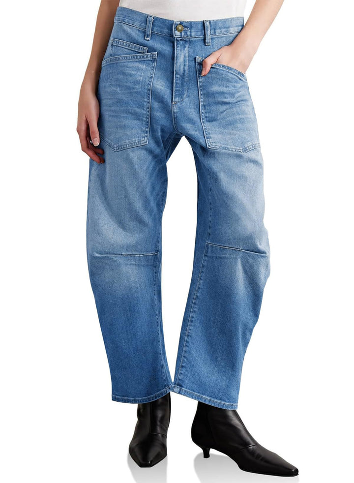Women's mid-rise denim pants with unique patch pockets Lune London