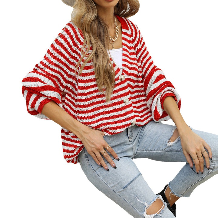 Ladies long sleeve knit cardigan with a modern striped pattern and buttons Lune London