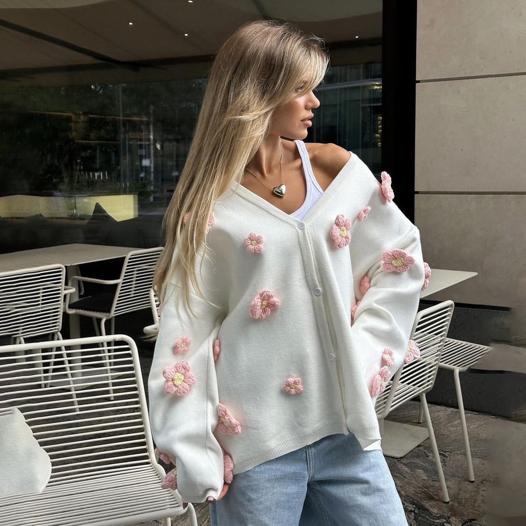 Ladies' knit jacket with 3D floral design and V-neck Lune London