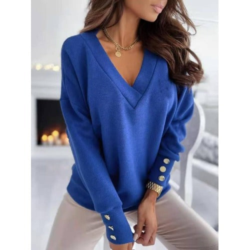 Ladies Long Fashion Sweater with Long Sleeves and V Neck and Button Details Lune London