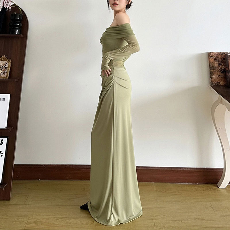 Robe maxi élégante pour femme à épaules découvertes avec détails en volants et manches longues Chic & Stil