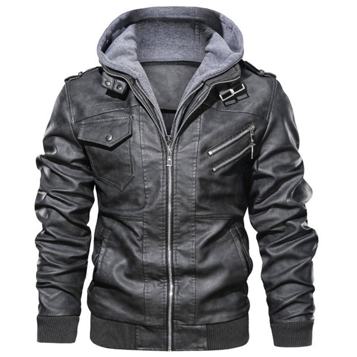 Casual synthetic leather jacket for men with removable hood and multiple pockets Lune London