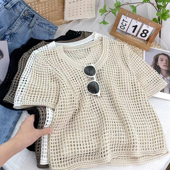 Ladies Textured Open Knit Top with Short Sleeves Lune London