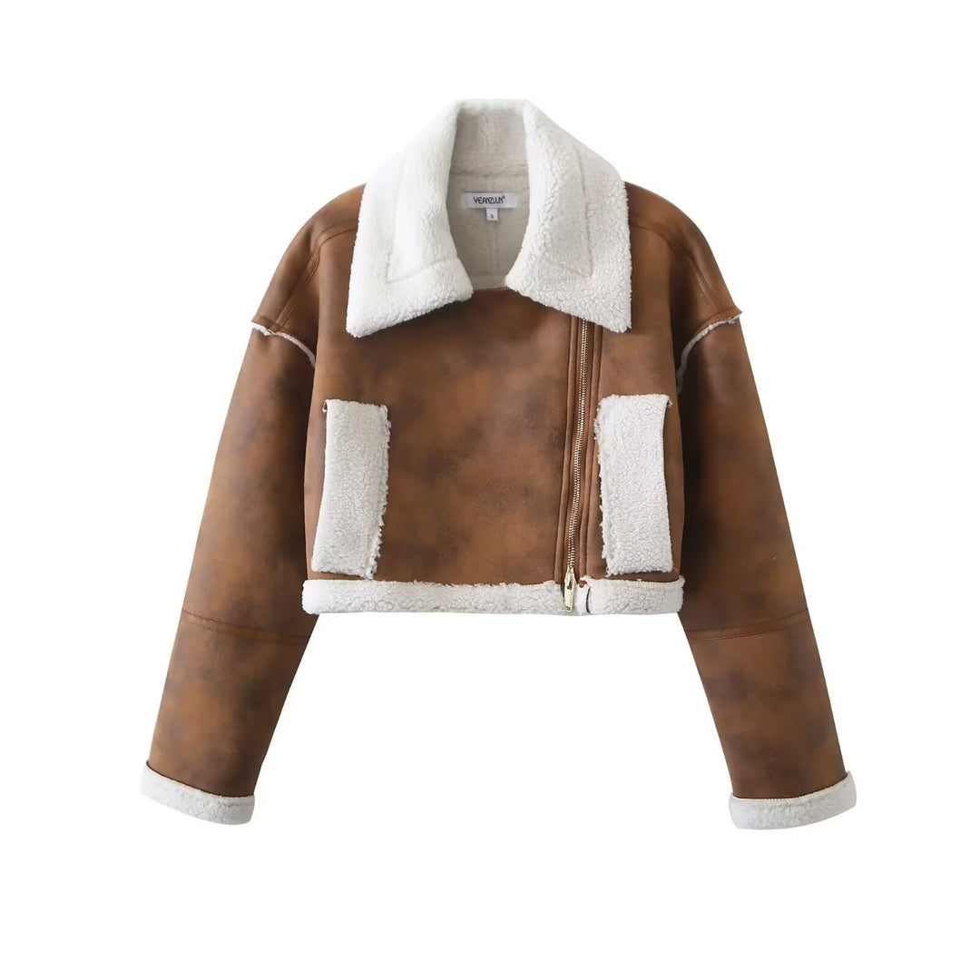 Ladies genuine leather biker jacket with faux fur trim Lune London