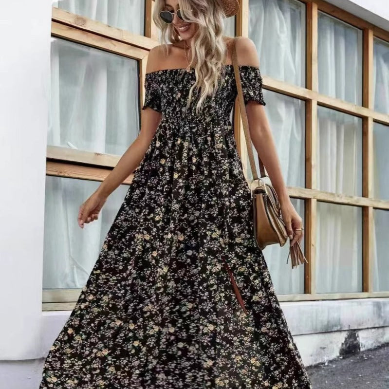 Maxi dress for women with décolletée silhouette and floral design Lune London