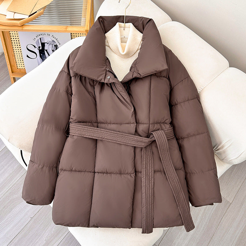 Ladies trendy quilted jacket with belt and high collar Lune London