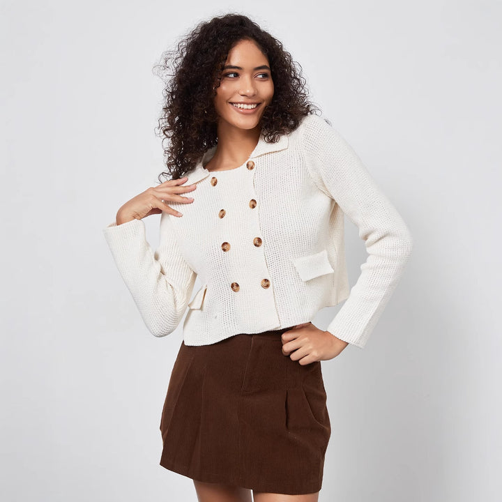 Women's knitted jacket with double-breasted button placket and decorative pockets Lune London