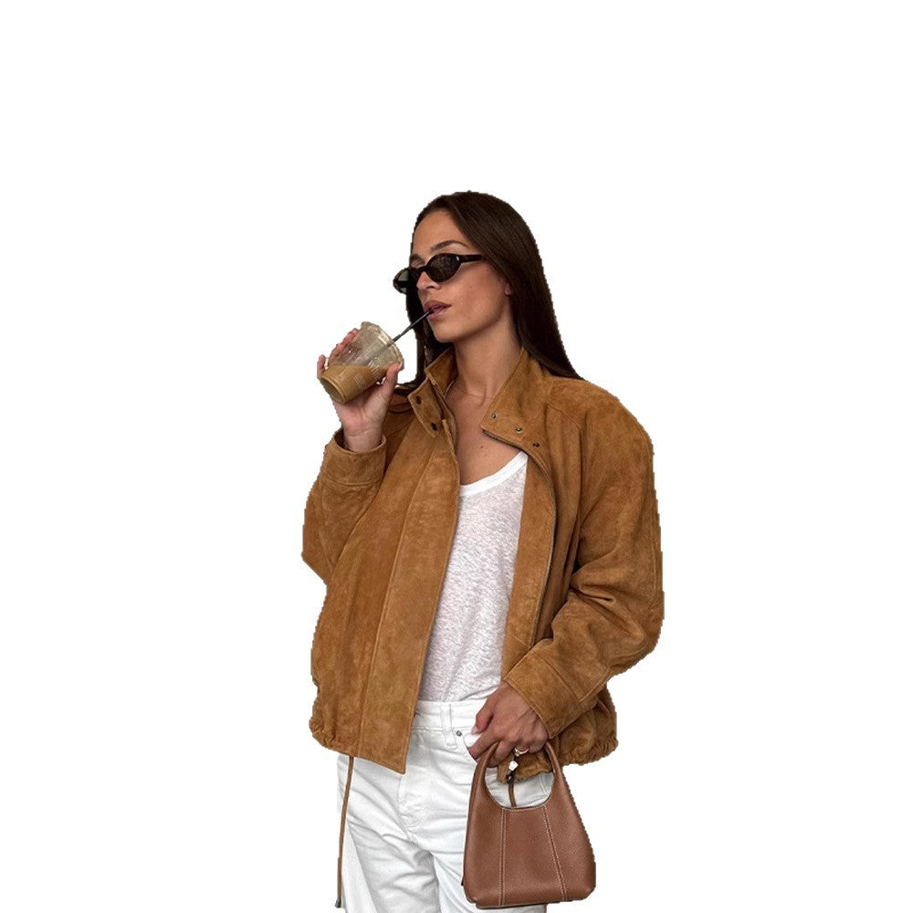 Suede jacket for women with modern collar and fitted design Lune London