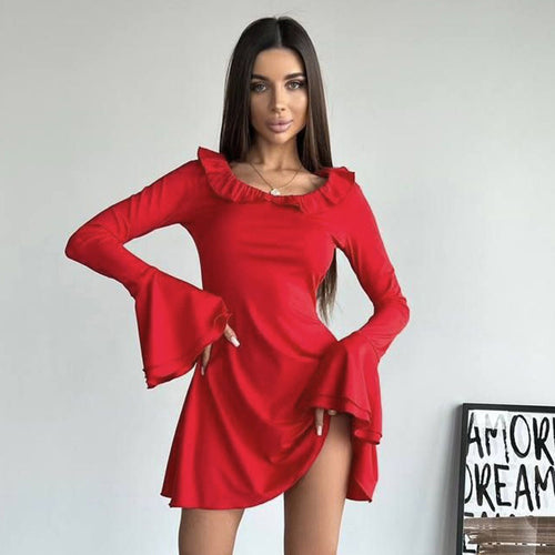 Off-shoulder dress for women with ruffle details and long sleeves Lune London