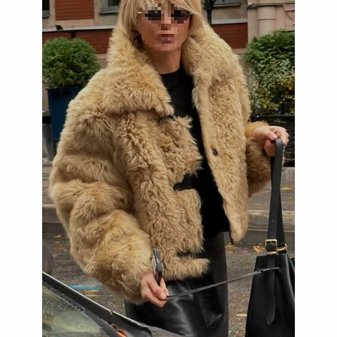 Ladies faux fur jacket with a casual design featuring large buttons Lune London