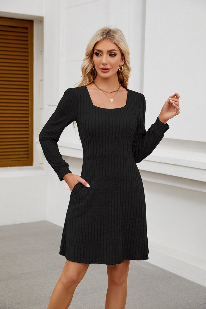 Knitted dress for women with square neckline and pockets Lune London