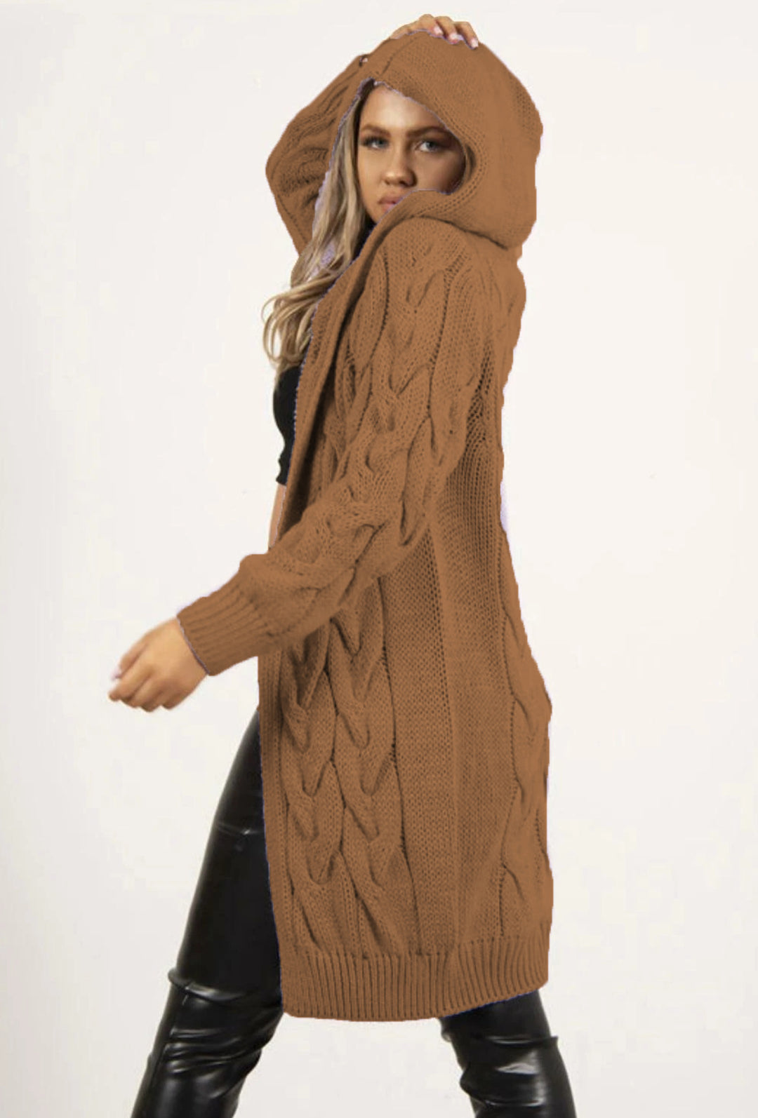 Ladies Chunky Knit Cardigan with Hood and Practical Pockets Lune London