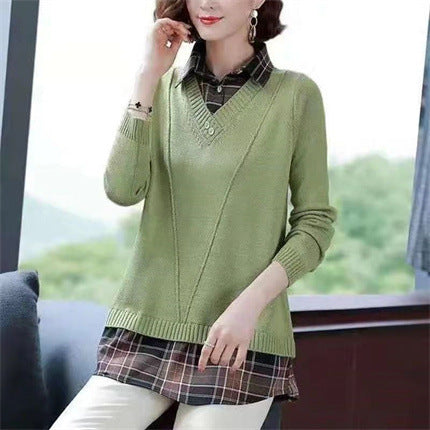 Women's layered knit pullover with V-neck and trendy blouse.