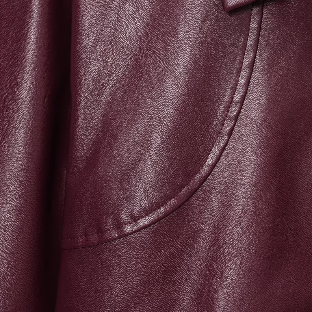 Fashionable faux leather jacket for women with elastic belt and high collar Lune London
