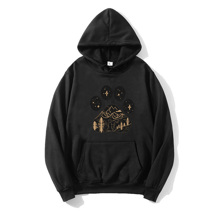 Women's hoodie with creative paw print design and mountain landscape Chic & Stil