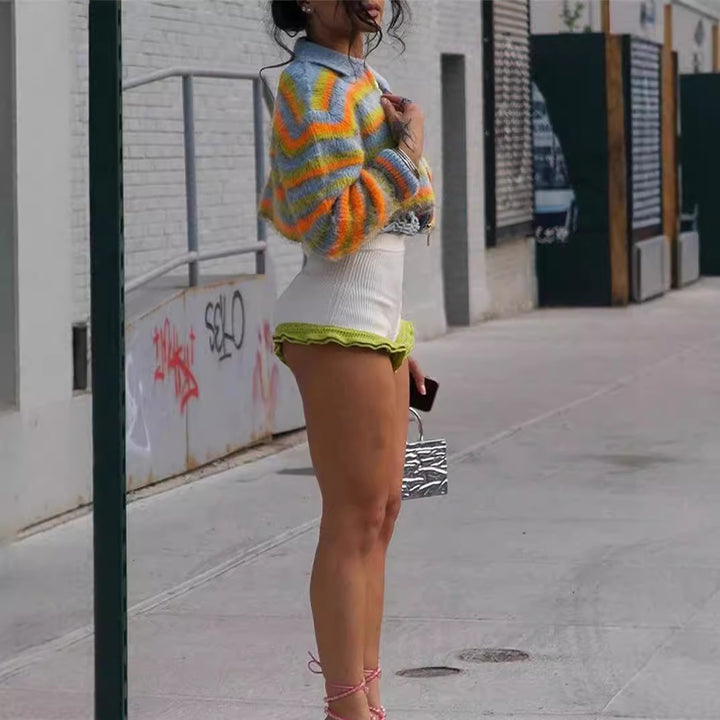 Ladies cropped knit sweater with zipper and colorful striped pattern Lune London