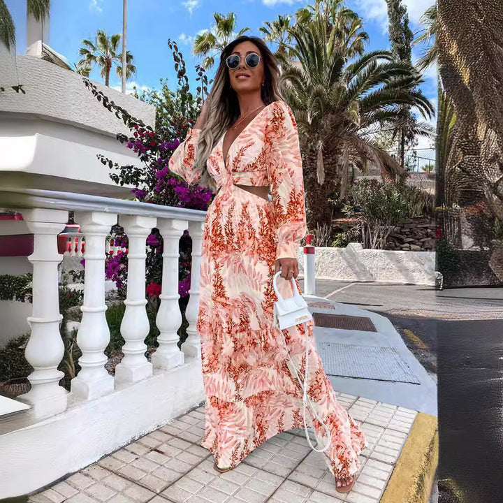 Maxi dress for women with an elegant V-neckline and a playful ruffled hem Lune London