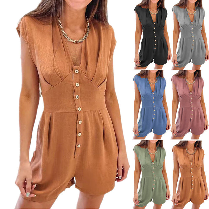 Women's jumpsuit with deep V-neck and decorative button details Lune London