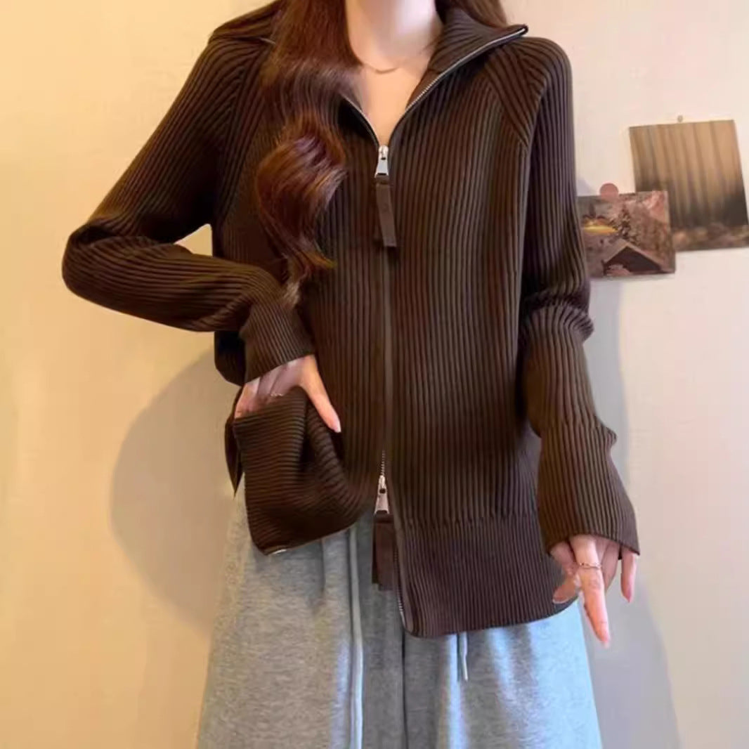 Knitted jacket for women with high collar and zipper Lune London