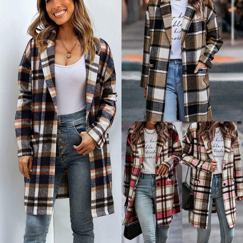 Ladies Trendy Checkered Coat with Deep Collar and Practical Pockets Lune London