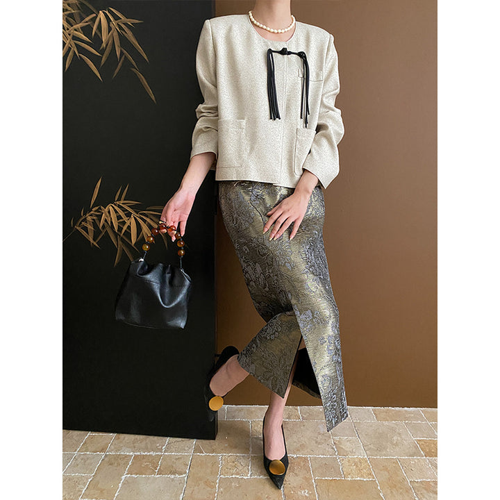 Women's Elegant Midi Skirt with Floral Motifs and Side Slit Chic & Stil