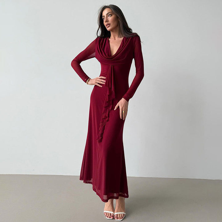 Elegant maxi dress for women with deep V-neckline and ruffle detail Lune London