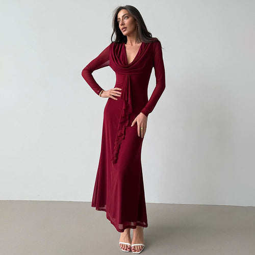 Elegant maxi dress for women with deep V-neckline and ruffle detail Lune London