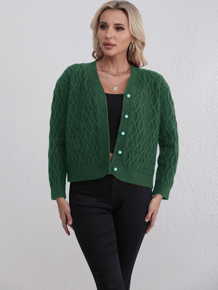 Women's knit jacket with modern cable pattern and pastel button details Lune London