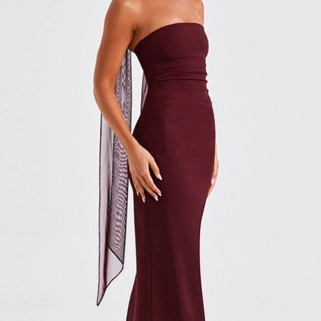 Lune London Women's Strapless Maxi Dress with Sheer Sleeve Accents and Fitted Cut