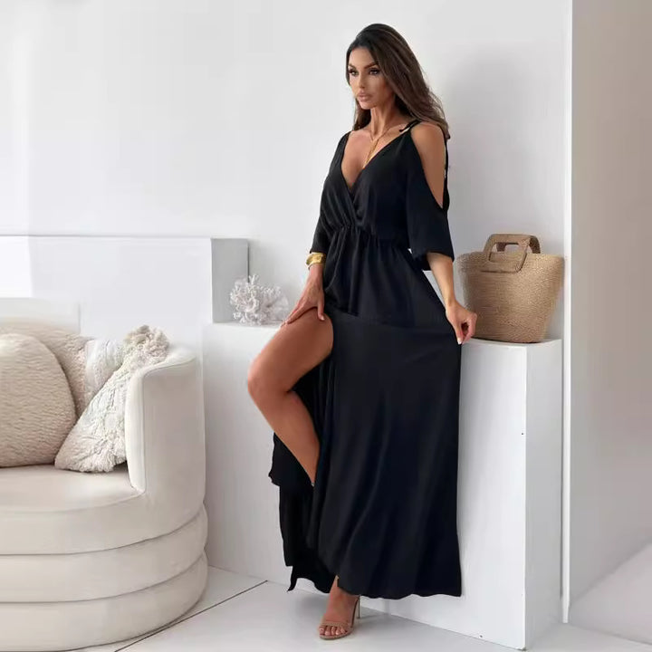 Maxi dress with high slit for women with adjustable tie belt Lune London