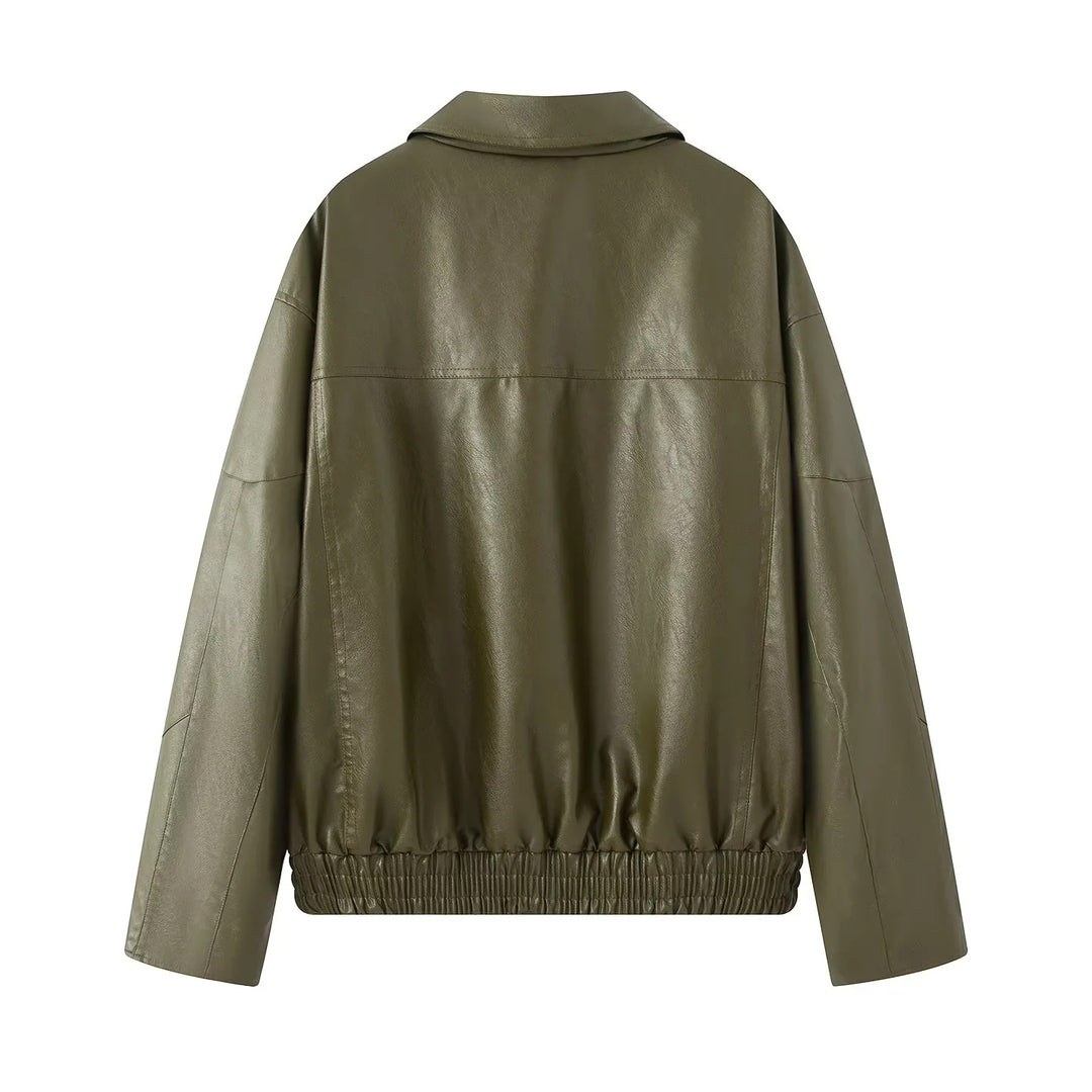 Fashionable women's faux leather jacket with elastic hem and practical pockets Lune London