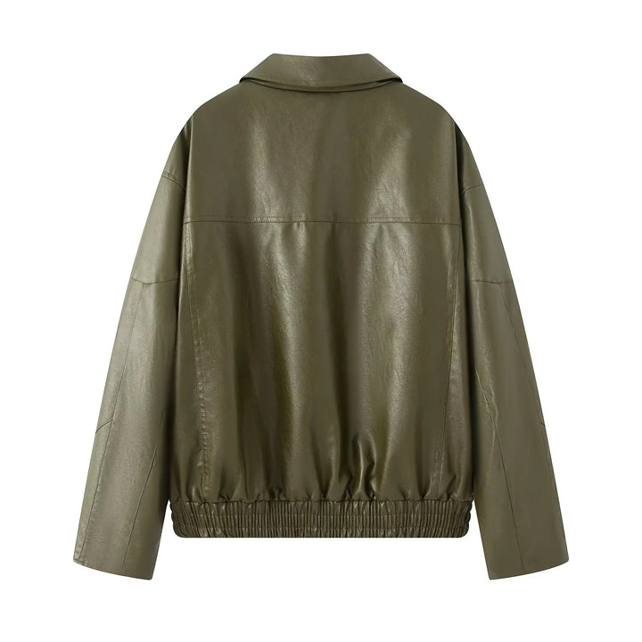 Fashionable women's faux leather jacket with elastic hem and practical pockets Lune London