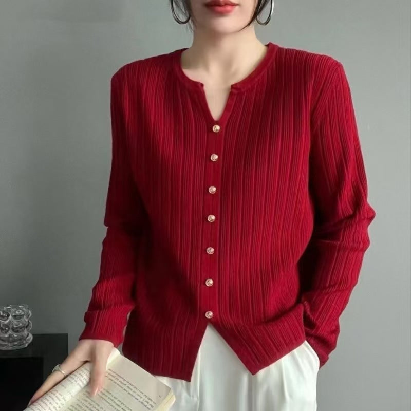 Fine knit blouse for women with button placket Lune London