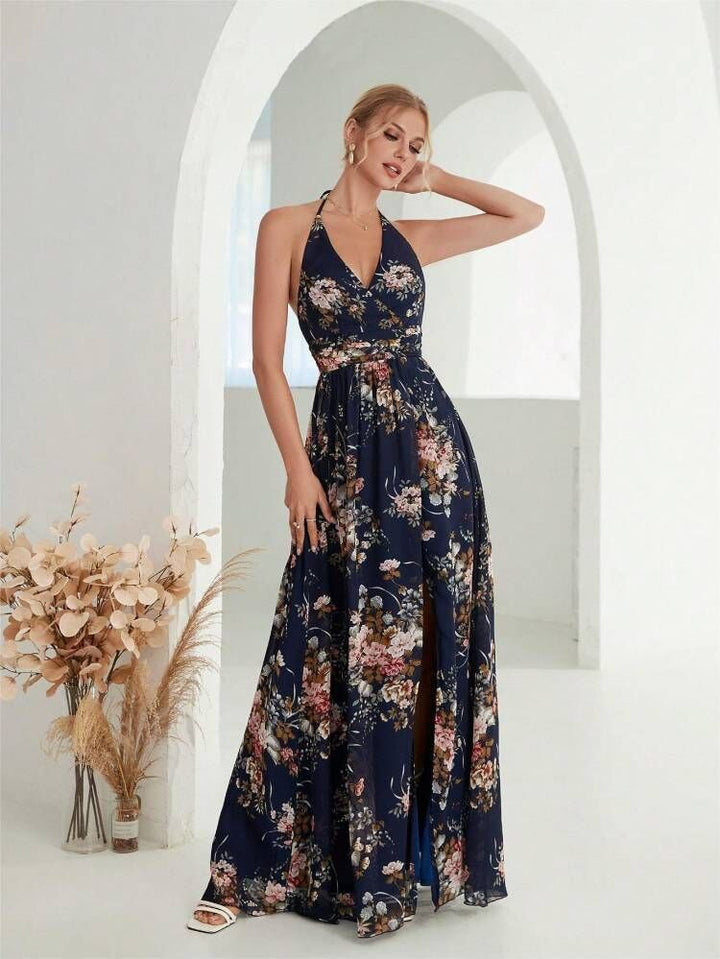 Chic and stylish floral design maxi dress for women with high slits