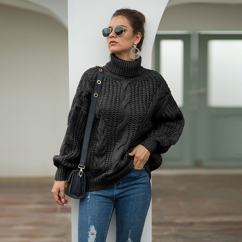 Chunky knit sweater for women with turtleneck and textured cable design Lune London