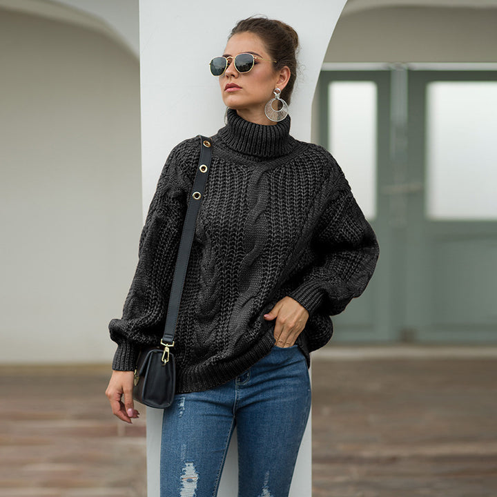 Chunky knit sweater for women with turtleneck and textured cable design Lune London