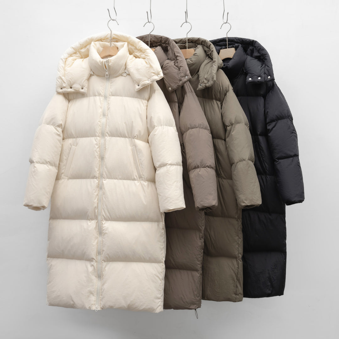 Ladies Long and Bulky Down Coat with Removable Hood and Side Pockets Lune London