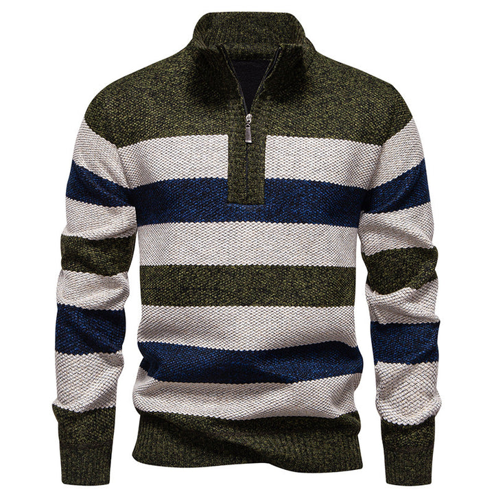 Fashionable knitted pullover for men with half-zip closure and striped pattern Lune London