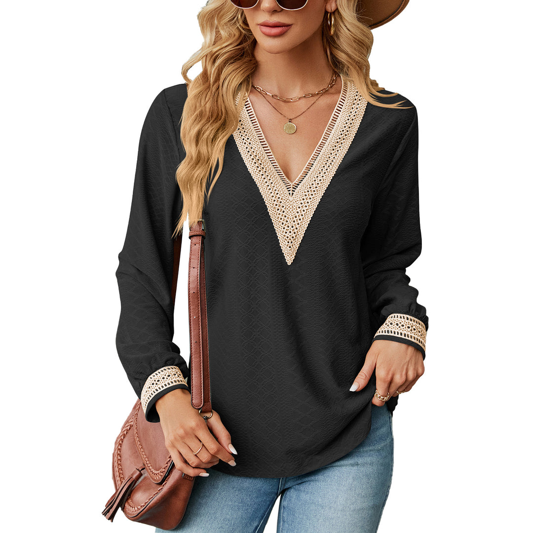 Long sleeve blouse shirt for women with decorative V-neck and crochet elements Lune London