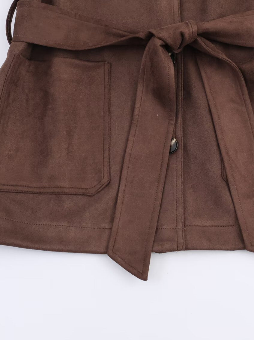 Lune London women's elegant blazer jacket in faux leather with belt at the waist