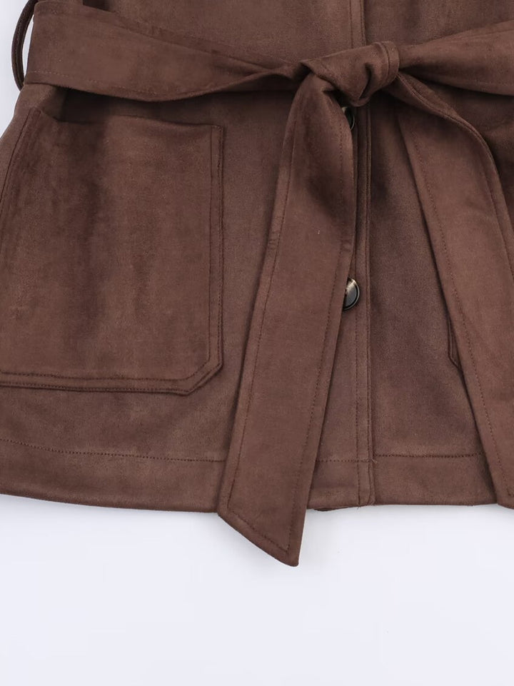 Lune London women's elegant blazer jacket in faux leather with belt at the waist
