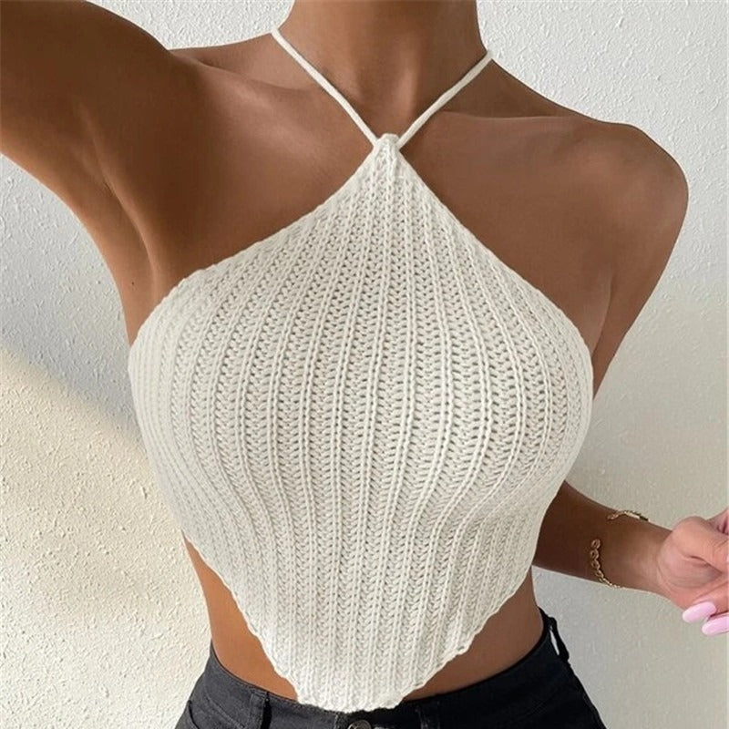 Women crochet crop-top with asymmetrical design Lune London