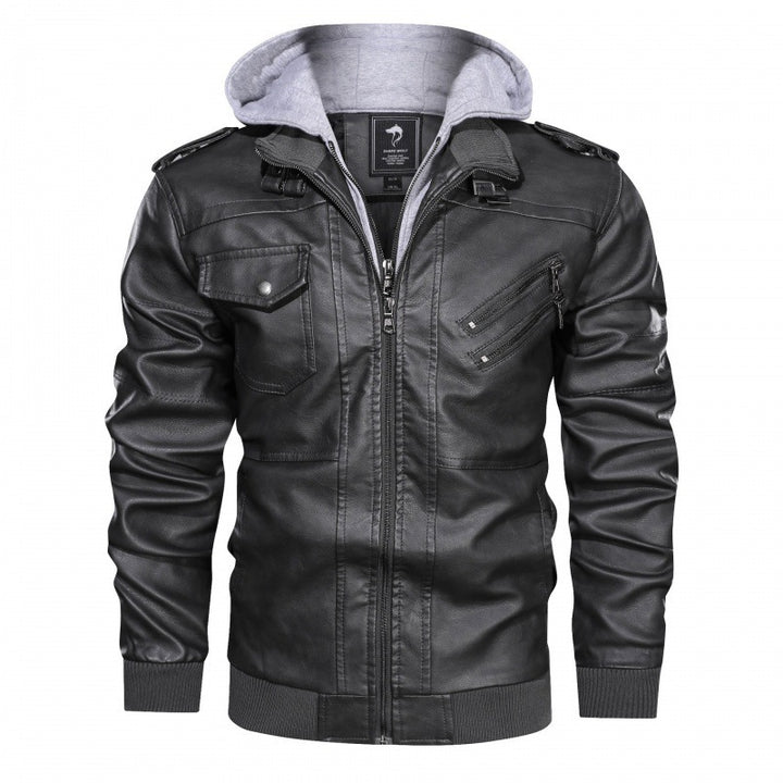 Synthetic leather jacket for men with removable hood and practical pockets Lune London