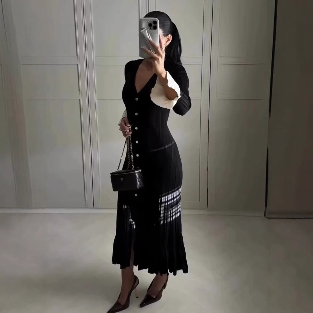 Maxi dress for women with elegant ruffled sleeves and chic button details
